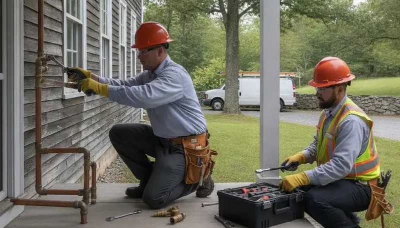 Professional Beverly, MA plumber repairing a residential pipe for plumbing service.