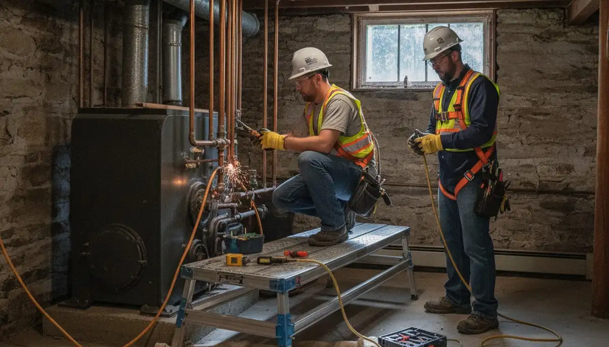 Beverly, MA plumbing repair technician fixing a residential pipe leak for Plumbers Beverly MA