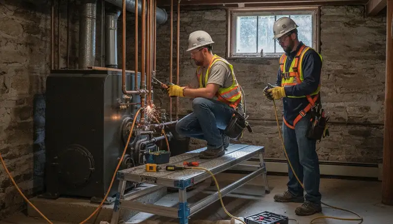 Beverly, MA plumbing repair technician fixing a residential pipe leak for Plumbers Beverly MA