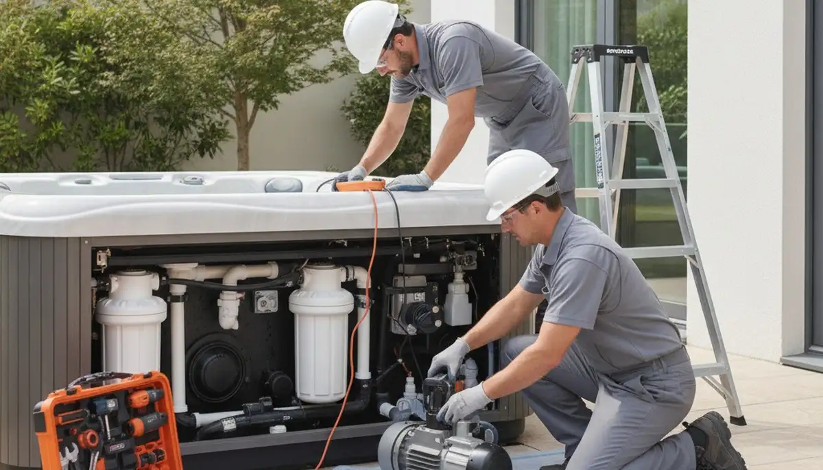 Spa repair plumber servicing Beverly, MA home spa plumbing connections and equipment